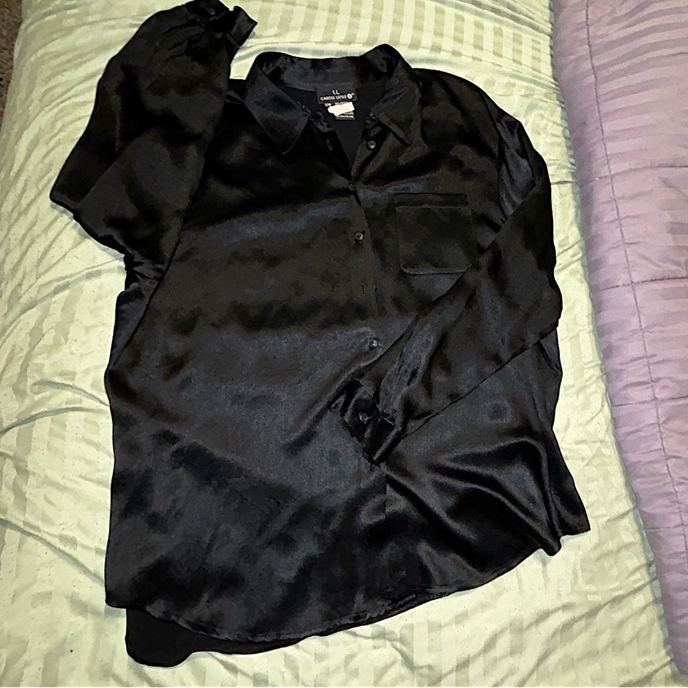 Oversized black button down shirt.